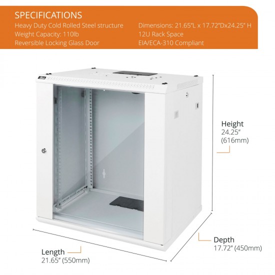 Standard 12U 450mm Depth  Wall-mount Cabinet Glass Door White Flat Pack