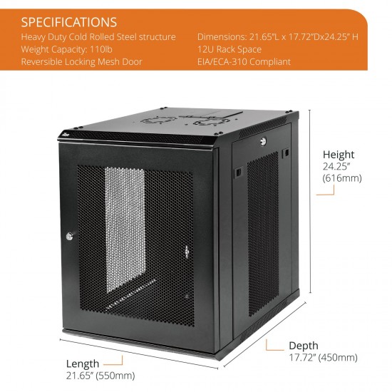 Standard 12U 450mm Depth  Wall-mount Cabinet Mesh Door Black Flat Pack