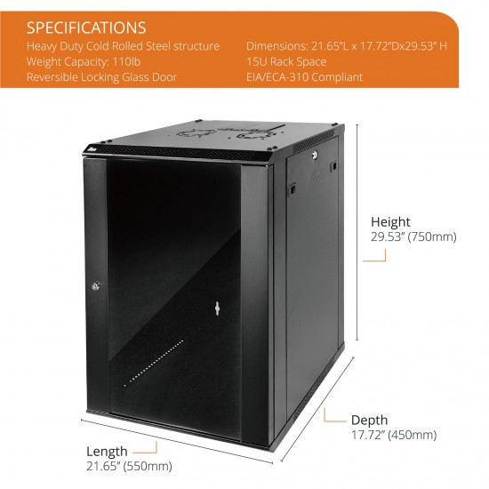 Standard 15U 450mm Depth  Wall-mount Cabinet Glass Door Black Flat Pack