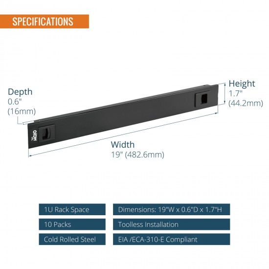 Tecmojo 1U Blanking Panel, Toolless Mounting, Steel 10 pack